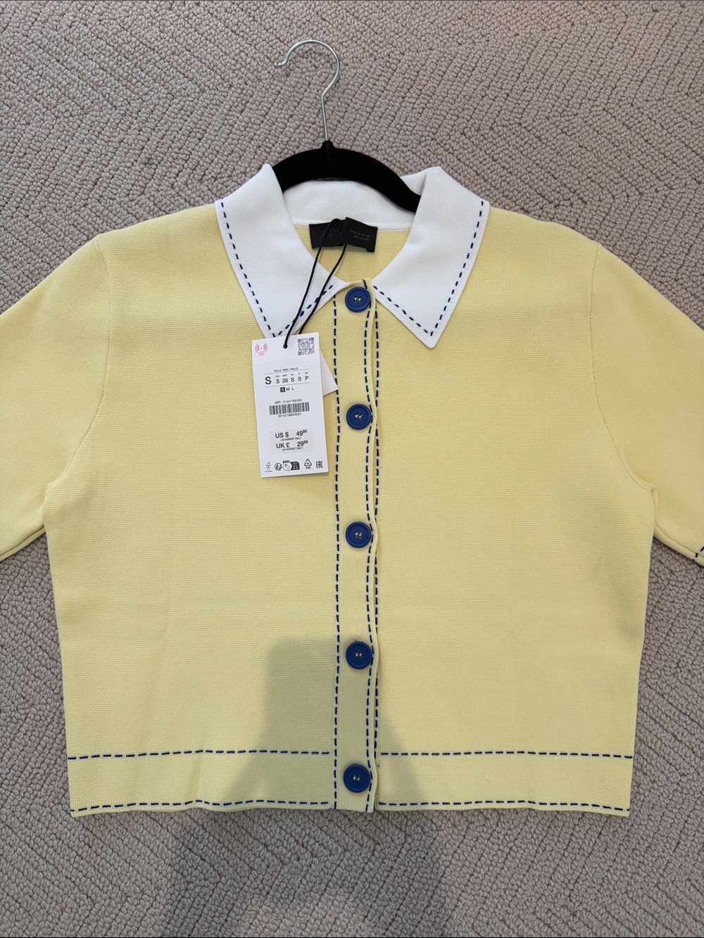 Zara Yellow Short-Sleeve Cardigan with White Collar